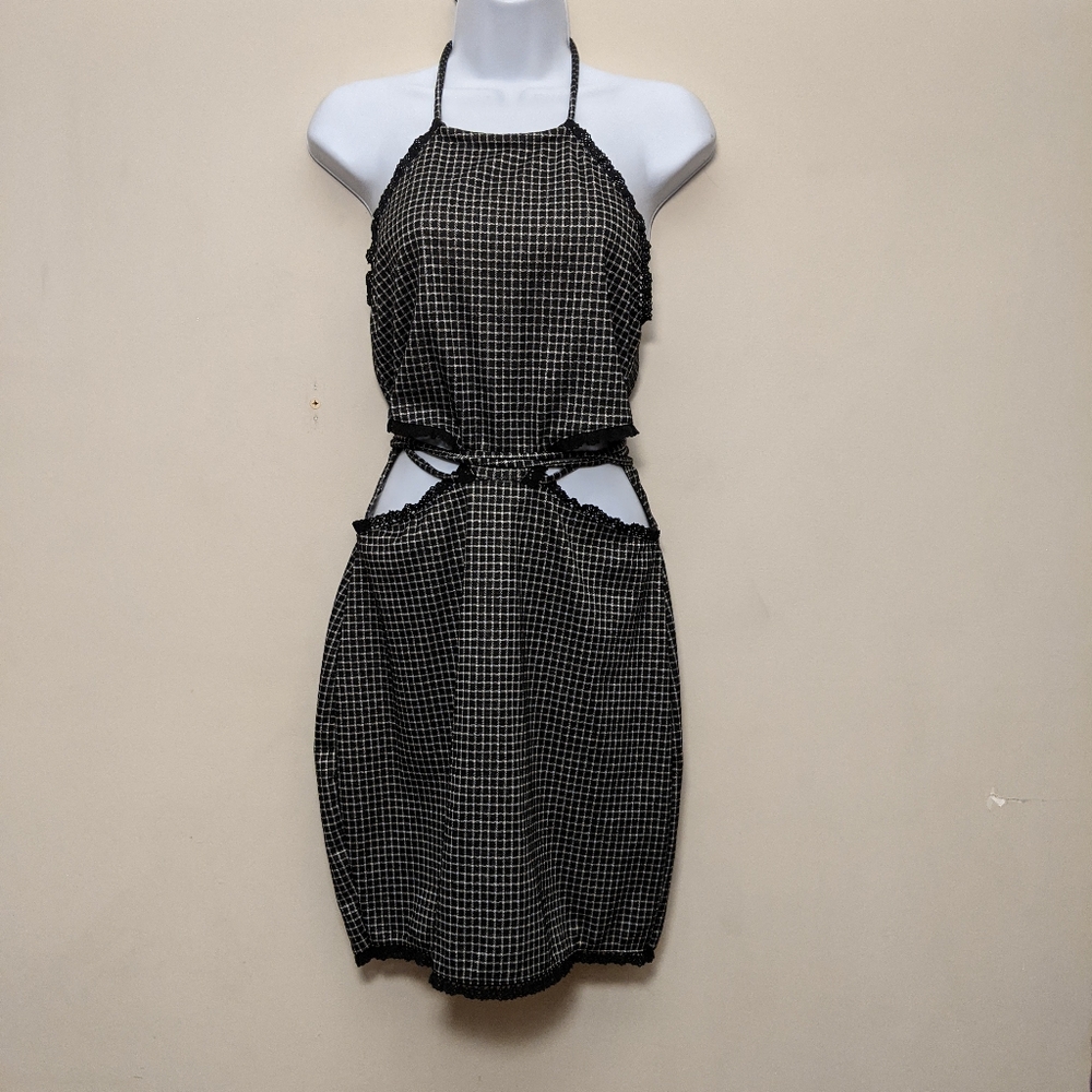 Luna Chix Grey Gingham Halter Cut Out Dress L